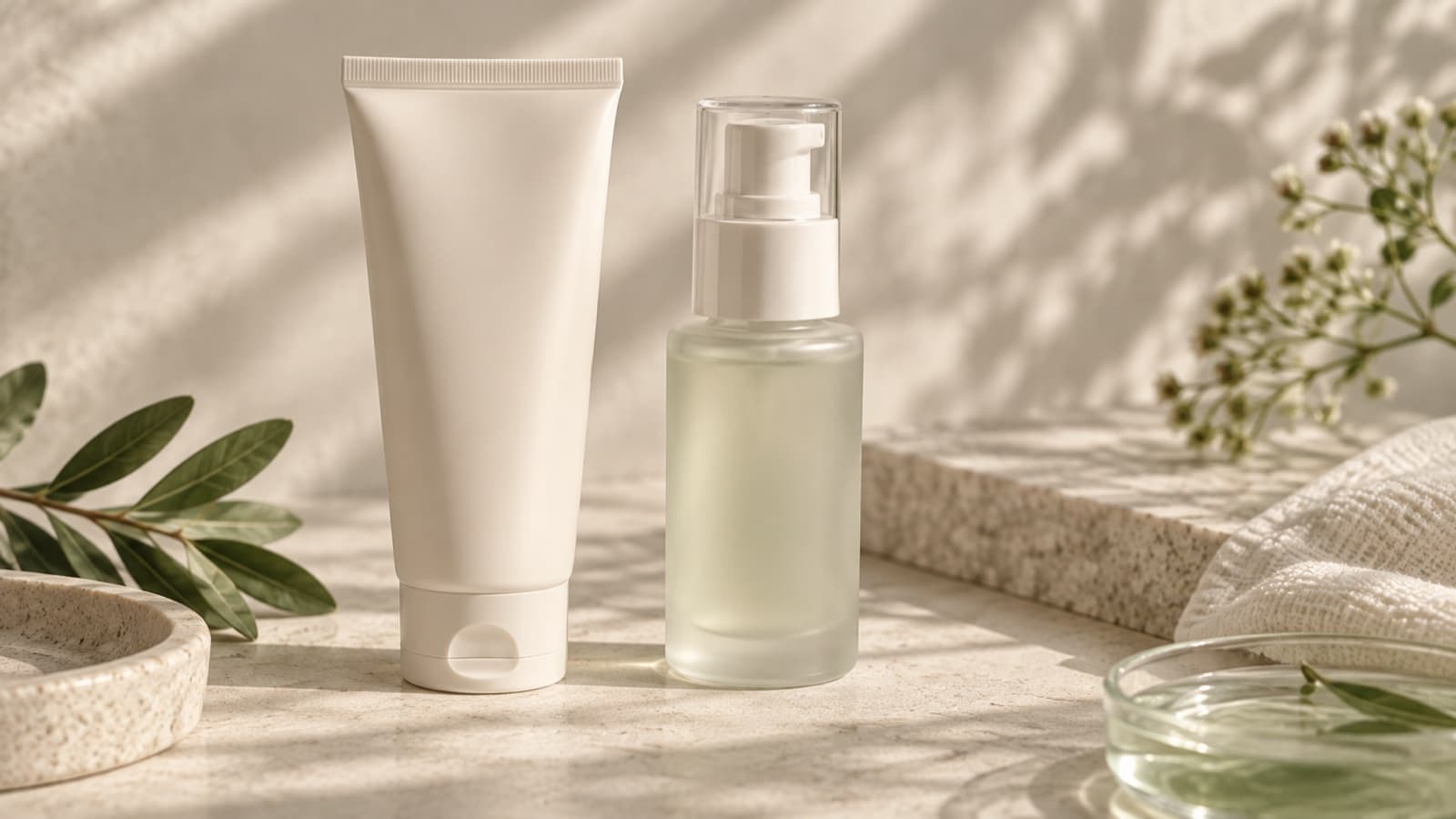 An unbranded cream tube beside a pump serum bottle on a pale stone surface