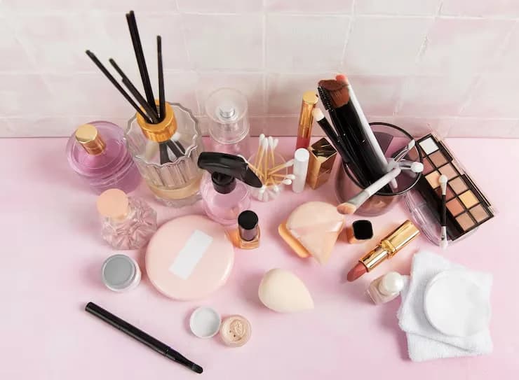 A vanity covered in beauty products