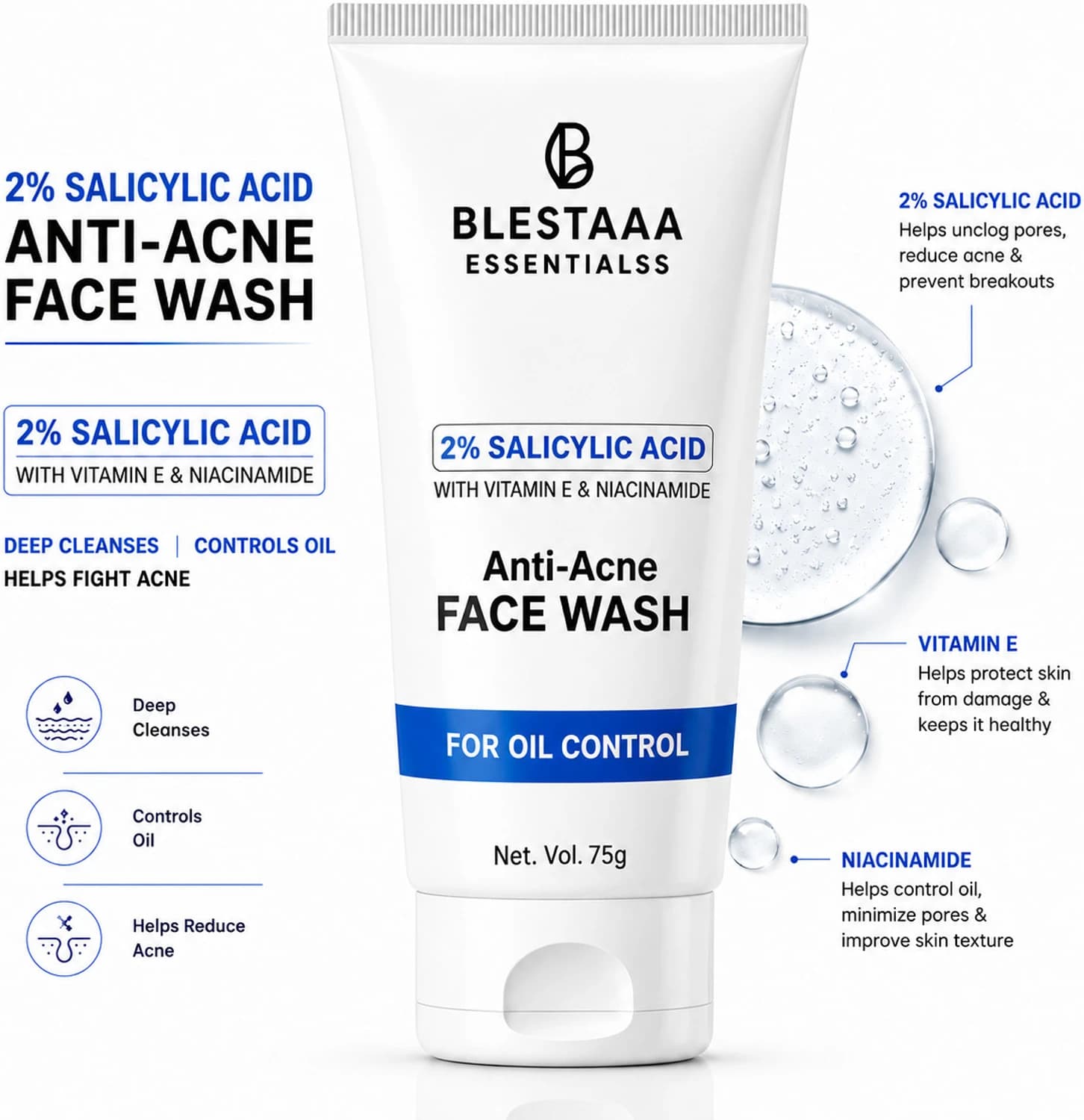 blestaaa essentialss 2% Salicylic Acid For Oily Skin Anti Acne Face Cleanser With Niacinamide & Vitamin E For Acne Face Wash
